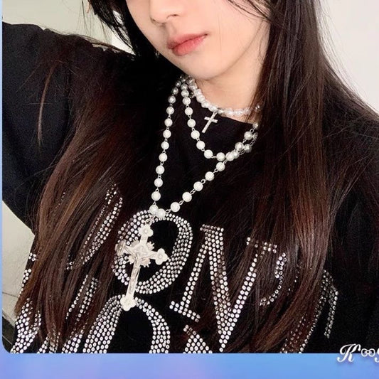 Necklace Y2k Sweater Cross Pearl Chain