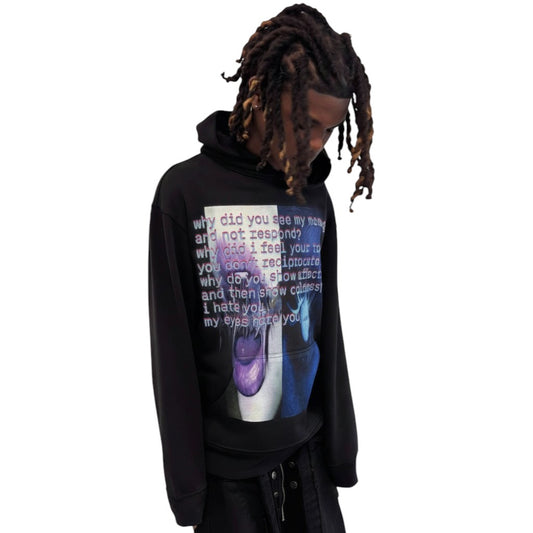 SWAGTOK black polyester pullover hoodie with cartoon animation graphic and text "why did you see my message and not respond?"