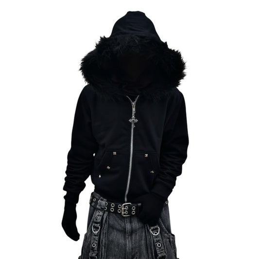 SWAGTOK black hooded cardigan with faux fur trim and silver cross zipper pull. Loose fit, polyester blend.