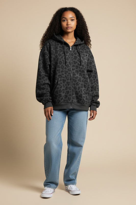 SWAGTOK black leopard print zip-up hoodie made of polyester with a loose fit and street hipster style.