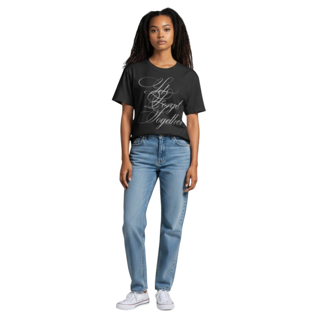 SWAGTOK black polyester t-shirt with white script print "Let's Forget Together". Straight fit, leisure style.