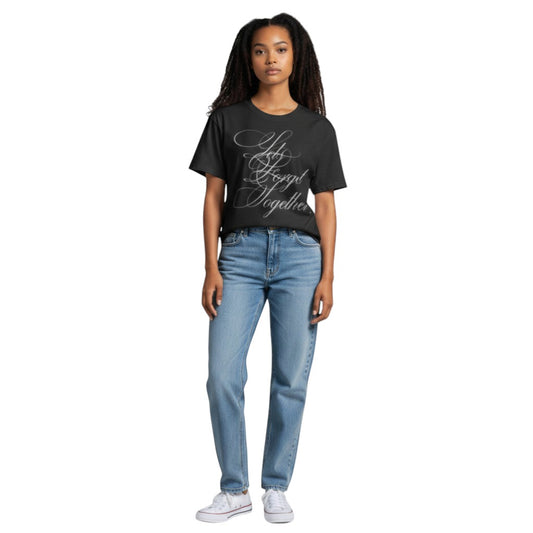 SWAGTOK black polyester t-shirt with white script print "Let's Forget Together". Straight fit, leisure style.
