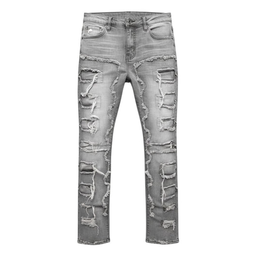 SWAGTOK men's grey stacked jeans with distressed rips and frayed details, made of cotton.