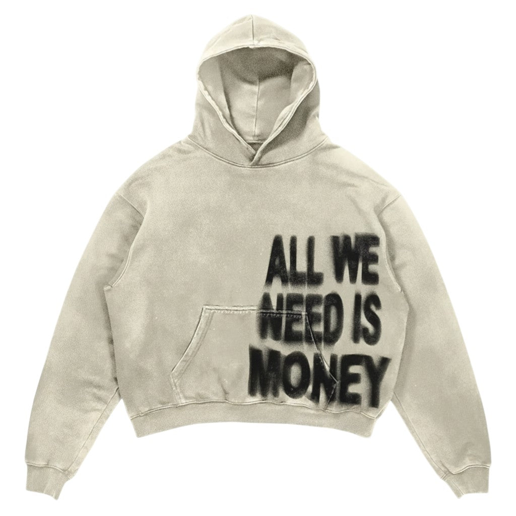 SWAGTOK beige loose fit pullover hoodie with "ALL WE NEED IS MONEY" graphic print and front pocket. Made of polyester.