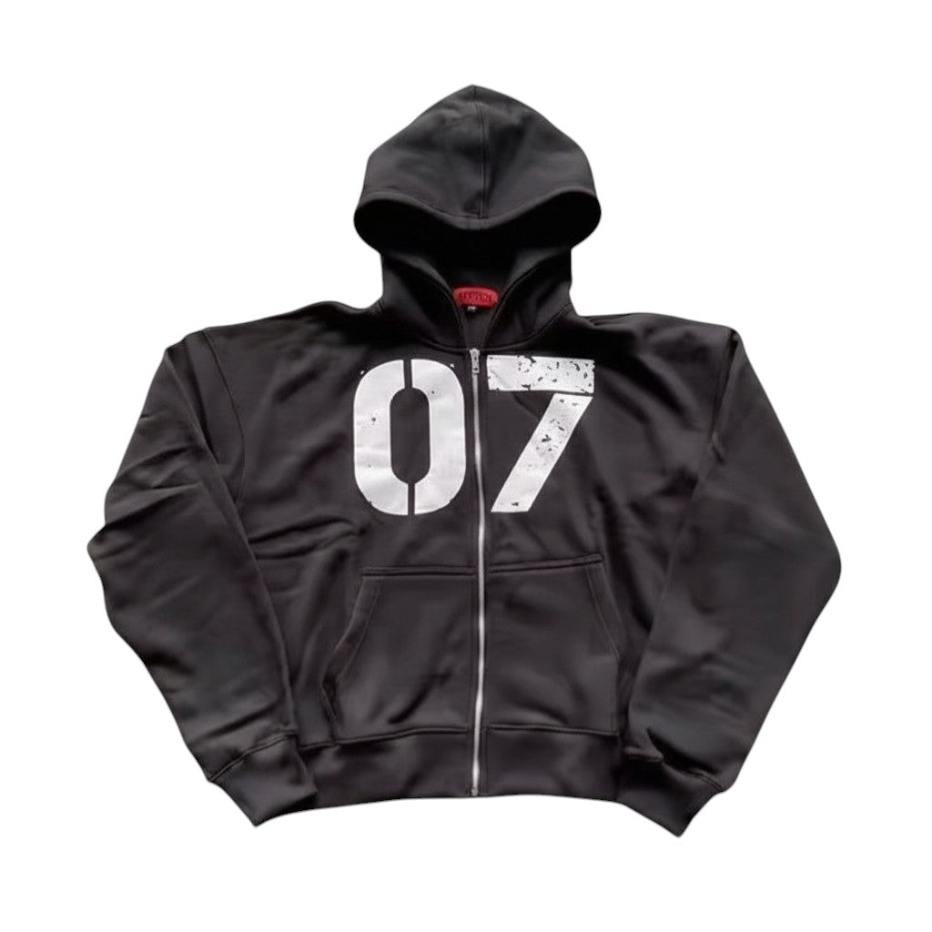 SWAGTOK black hooded zip-up sweater with white "07" graphic print, cotton blend, loose fit, street style.
