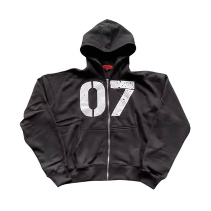 SWAGTOK black hooded zip-up sweater with white "07" graphic print, cotton blend, loose fit, street style.