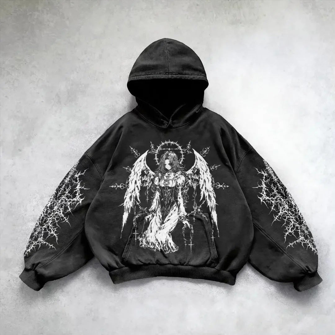 SWAGTOK black cotton hoodie with a hand-painted angel graphic and distressed sleeve details, Y2K street style.