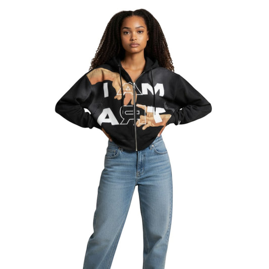 SWAGTOK black cotton blend hooded zip-up sweatshirt with "I AM ART" graphic and hand imagery.