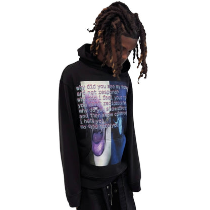 SWAGTOK black polyester pullover hoodie with cartoon animation graphic and text "why did you see my message and not respond?"