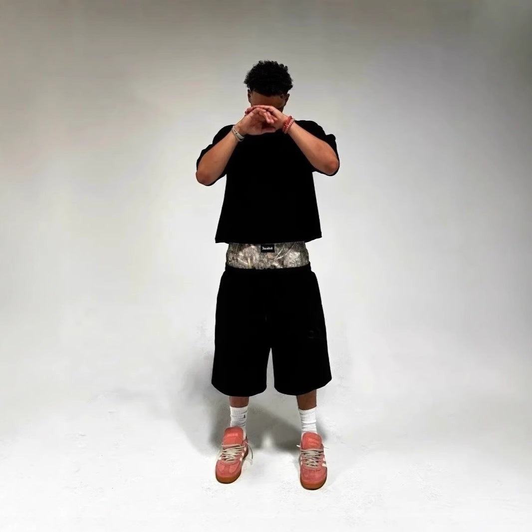 SWAGTOK men's black cotton cropped straight-leg trousers with a double waist detail, suitable for summer street style.