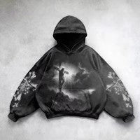 SWAGTOK black cotton hoodie with a hand-painted graphic of Jesus on the cross and clouds. Street style, long sleeves, hooded.