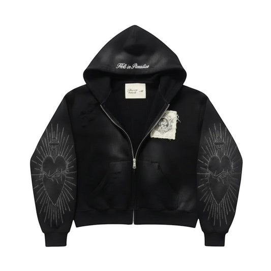 SWAGTOK black zip-up hoodie with embroidered heart and sunburst design on sleeves,