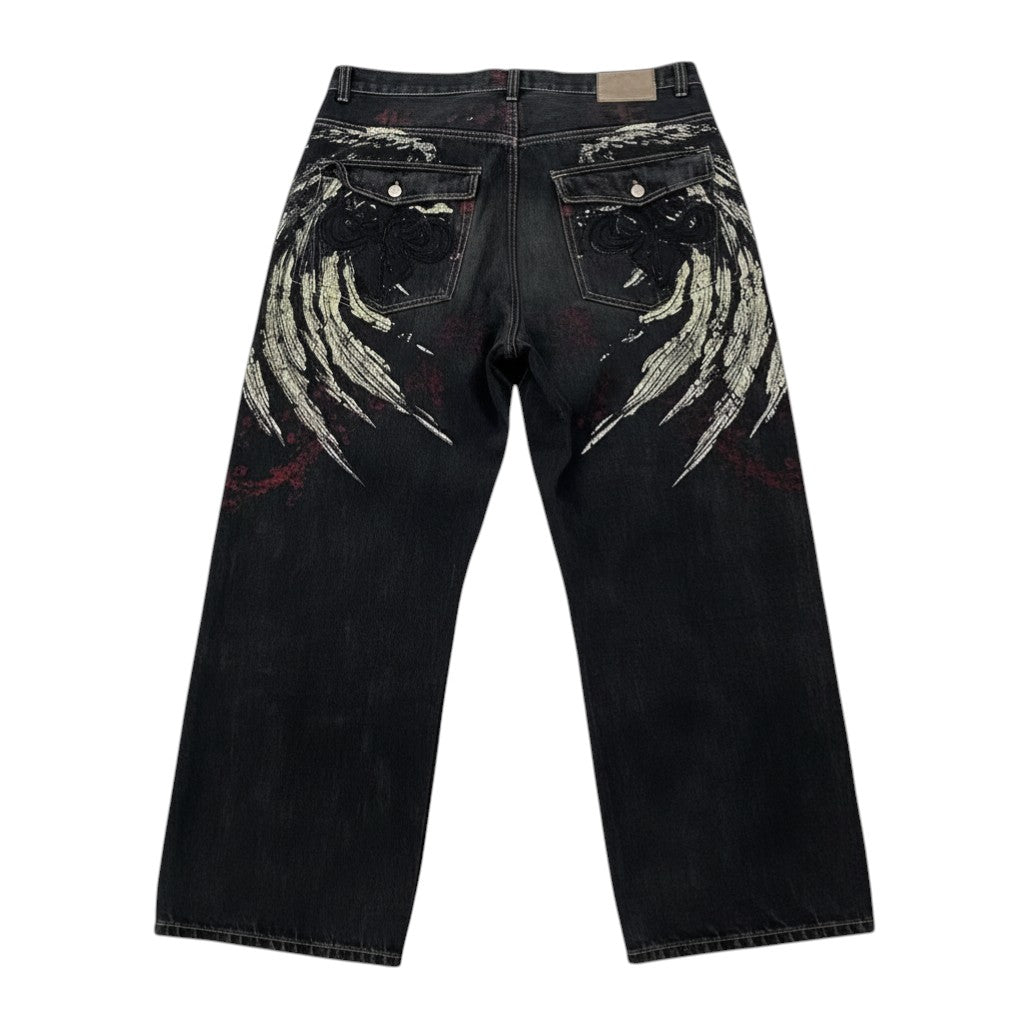 SWAGTOK black denim loose fit jeans with embroidered wing design on back pockets and legs, medium waist, straight leg.