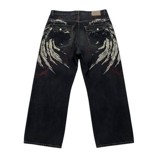 SWAGTOK black denim loose fit jeans with embroidered wing design on back pockets and legs, medium waist, straight leg.