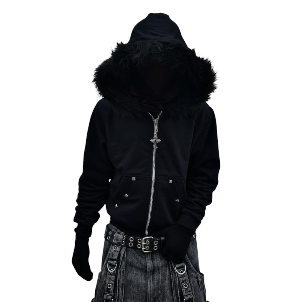 SWAGTOK black hooded cardigan with faux fur trim and silver cross zipper pull. Loose fit, polyester blend.