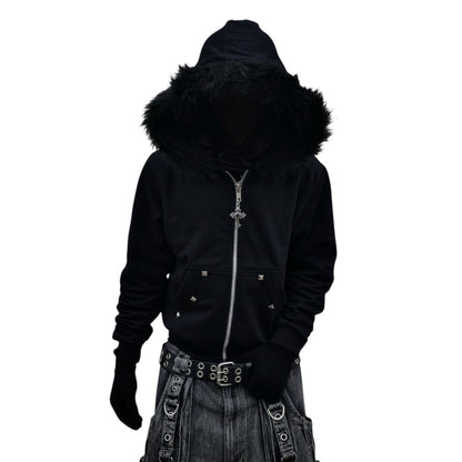 SWAGTOK black hooded cardigan with faux fur trim and silver cross zipper pull. Loose fit, polyester blend.