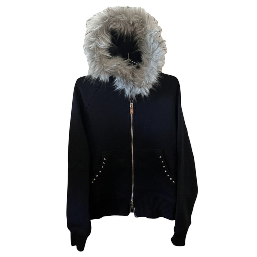 SWAGTOK black fleece hooded sweatshirt with faux fur trim, zipper front, and studded pockets. Street style.