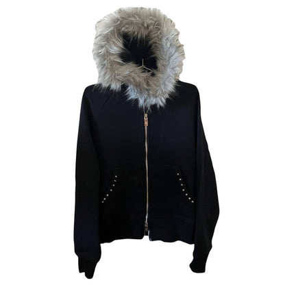 SWAGTOK black fleece hooded sweatshirt with faux fur trim, zipper front, and studded pockets. Street style.