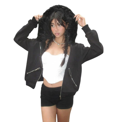 SWAGTOK black fleece hooded sweatshirt with faux fur trim and zipper details, street style.