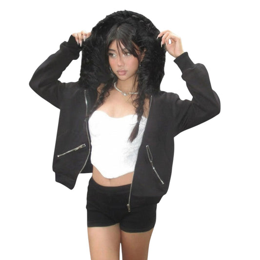 SWAGTOK black fleece hooded sweatshirt with faux fur trim and zipper details, street style.
