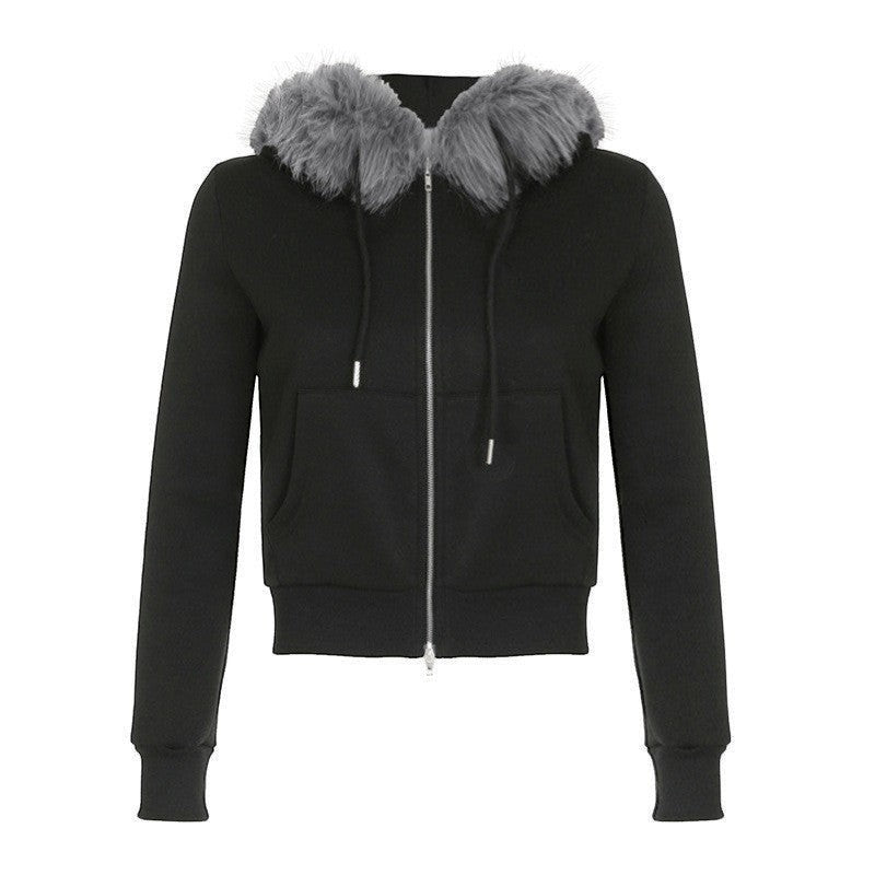 SWAGTOK black fleece hooded sweatshirt with grey faux fur trim, zipper front, and pockets. Street style.