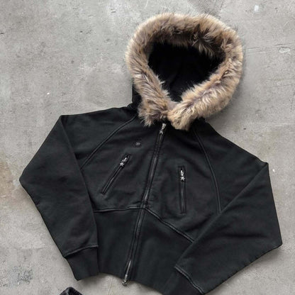 SWAGTOK black fleece hooded sweatshirt with faux fur trim, zipper front, and star zipper pulls.