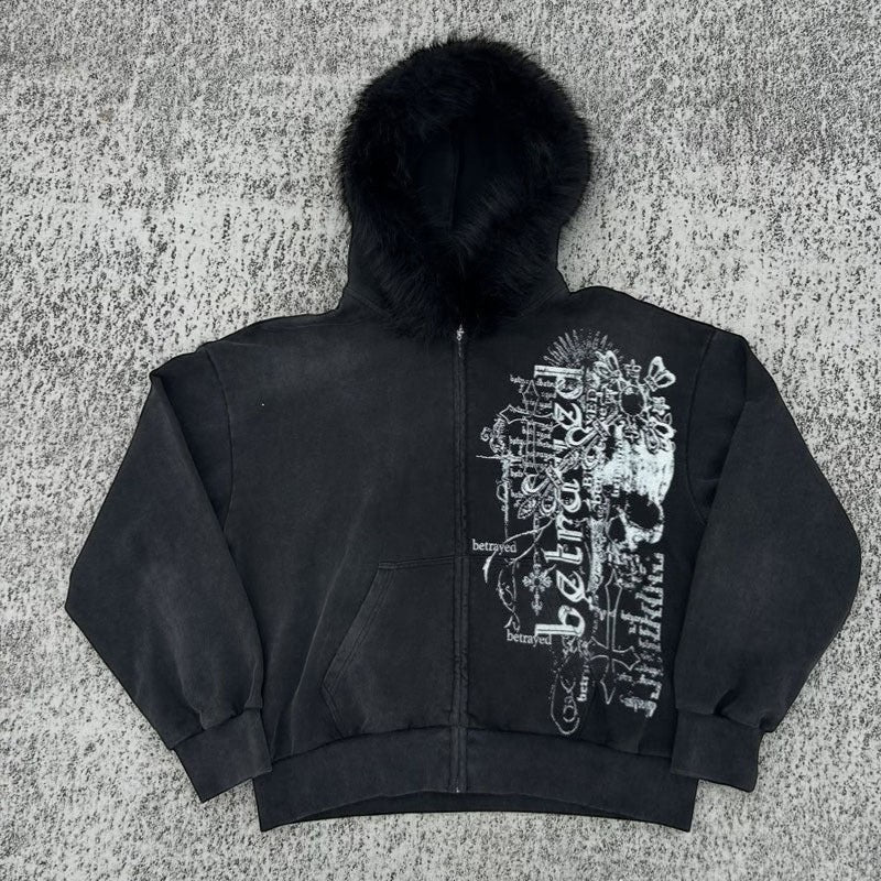 SWAGTOK black fleece hooded sweatshirt with faux fur trim, zipper front, and graphic skull print. Streetwear style.