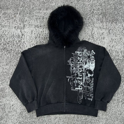 SWAGTOK black fleece hooded sweatshirt with faux fur trim, zipper front, and graphic skull print. Streetwear style.