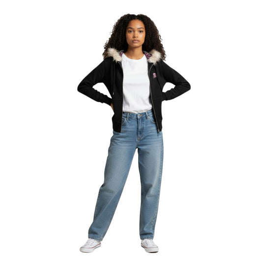 SWAGTOK black hooded cardigan with faux fur trim and embroidered skull detail, made of polyester.