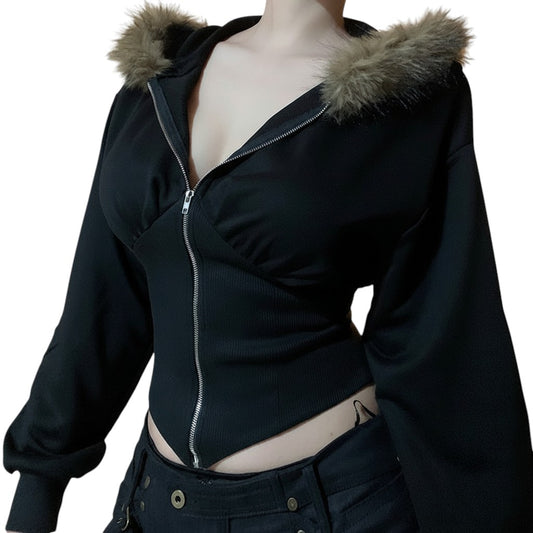 SWAGTOK black polyester zip-up hoodie with faux fur trim and drawstring waist, short length, street fashion style.