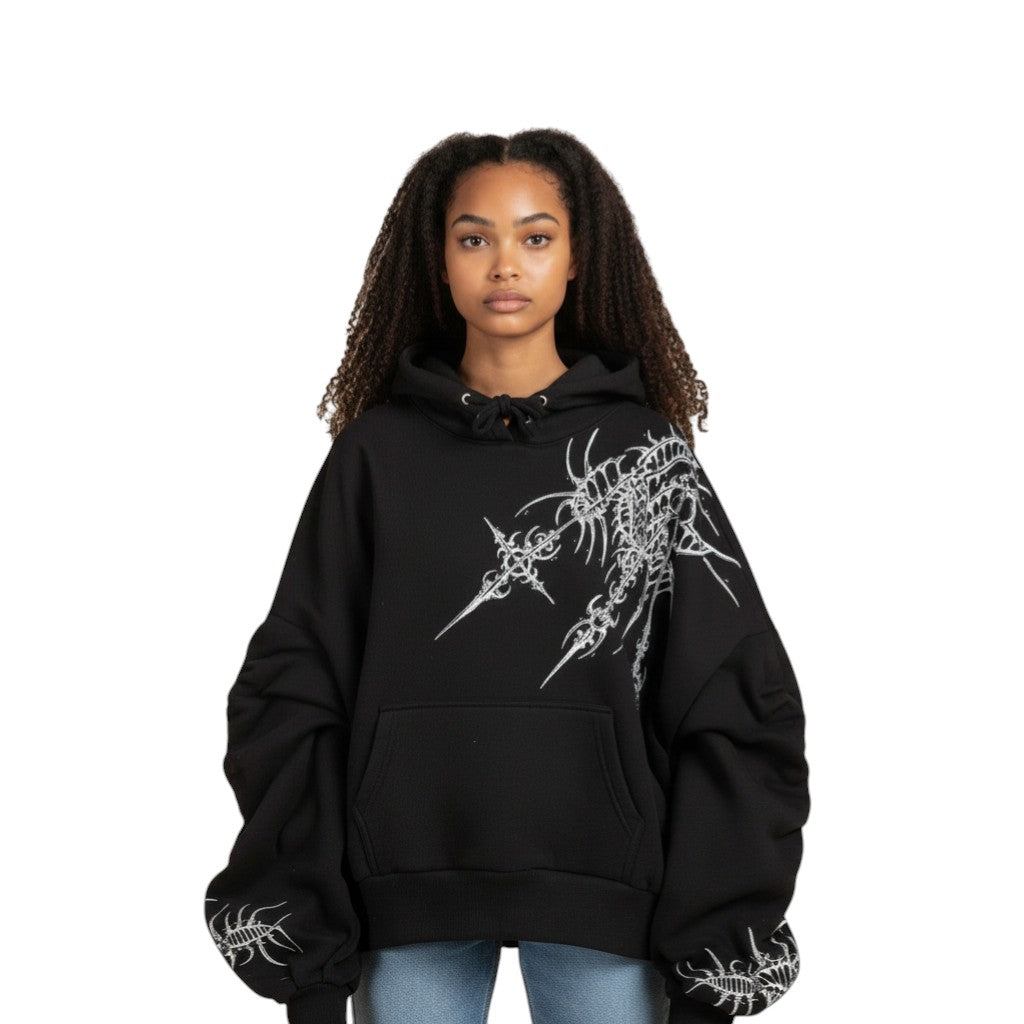 SWAGTOK black polyester loose fit pullover hoodie with a unique white geometric graphic print and pocket. Street fashion style.