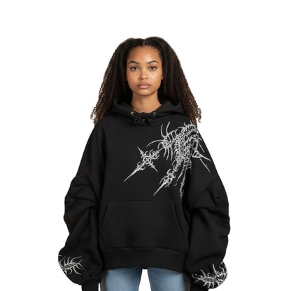 SWAGTOK black polyester loose fit pullover hoodie with a unique white geometric graphic print and pocket. Street fashion style.