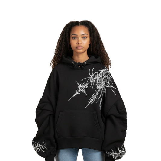 SWAGTOK black polyester loose fit pullover hoodie with a unique white geometric graphic print and pocket. Street fashion style.