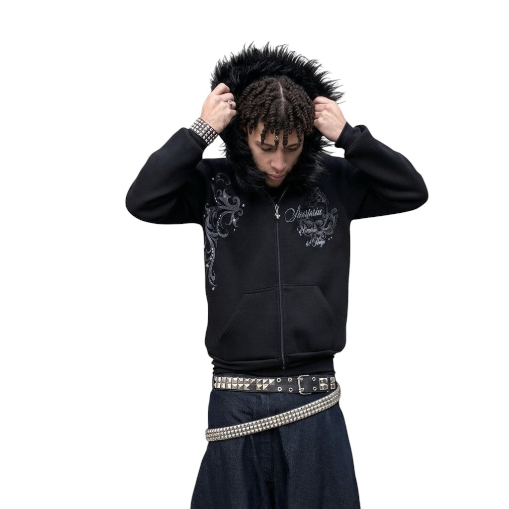 SWAGTOK black polyester hooded cardigan with faux fur trim and printed graphic. Long sleeves, zip-up front.