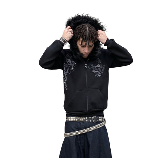 SWAGTOK black polyester hooded cardigan with faux fur trim and printed graphic. Long sleeves, zip-up front.