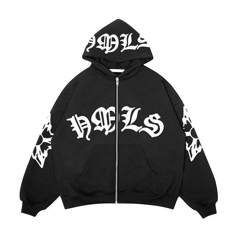 SWAGTOK black fleece-lined zip-up hoodie with gothic text graphic on chest and sleeves, hooded, loose fit.