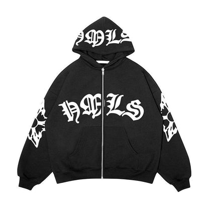 SWAGTOK black fleece-lined zip-up hoodie with gothic text graphic on chest and sleeves, hooded, loose fit.