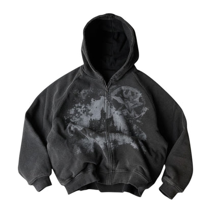 SWAGTOK black zip-up hoodie with distressed graphic print of a castle and moon, made from chemical fiber blend.