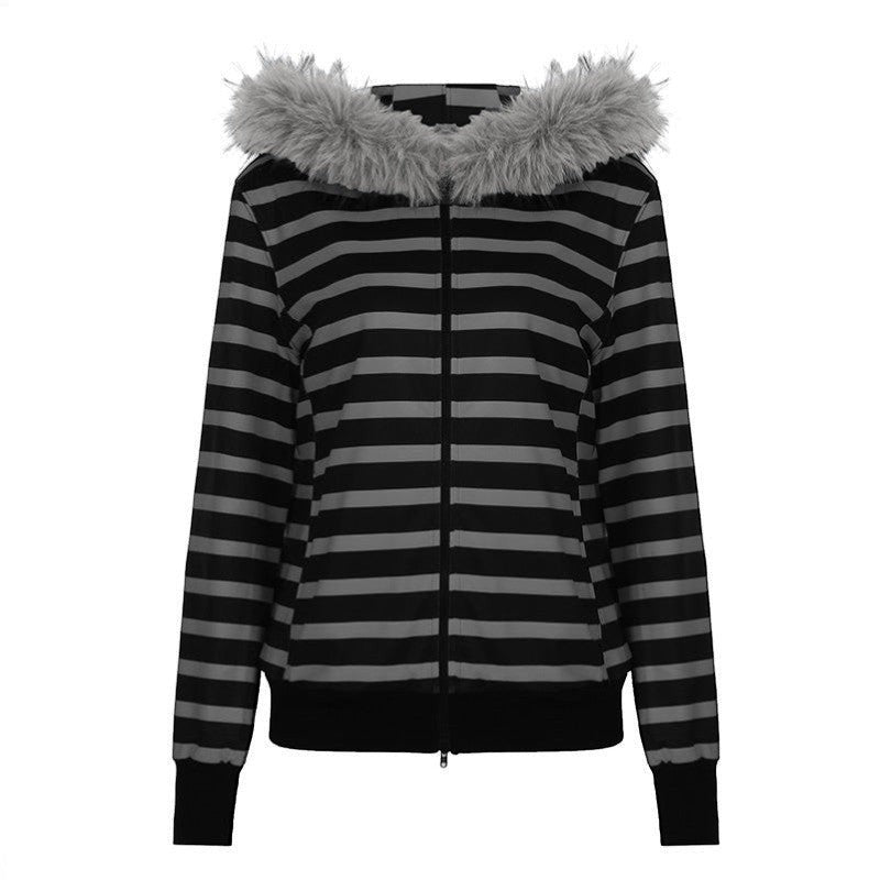 SWAGTOK black and grey striped fleece hooded sweatshirt with zipper and faux fur trim.