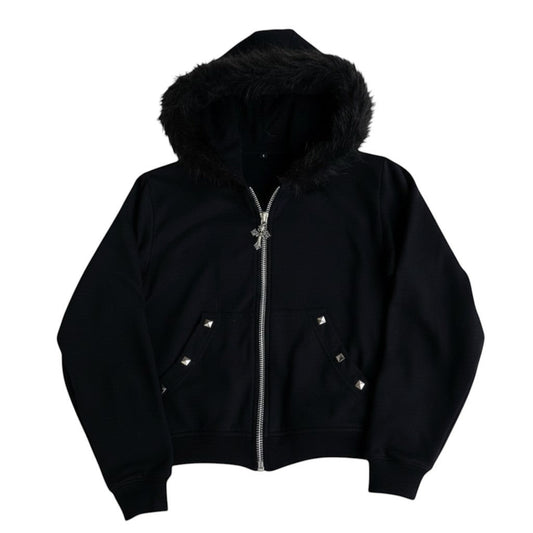 SWAGTOK black hooded zip-up coat with faux fur trim, silver stud details, and cross zipper pull. Loose fit, hip-hop style.