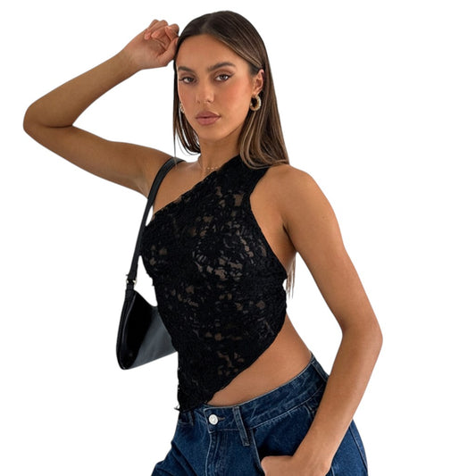 SWAGTOK black lace asymmetrical one-shoulder backless halter top with tie detail, perfect for summer streetwear.