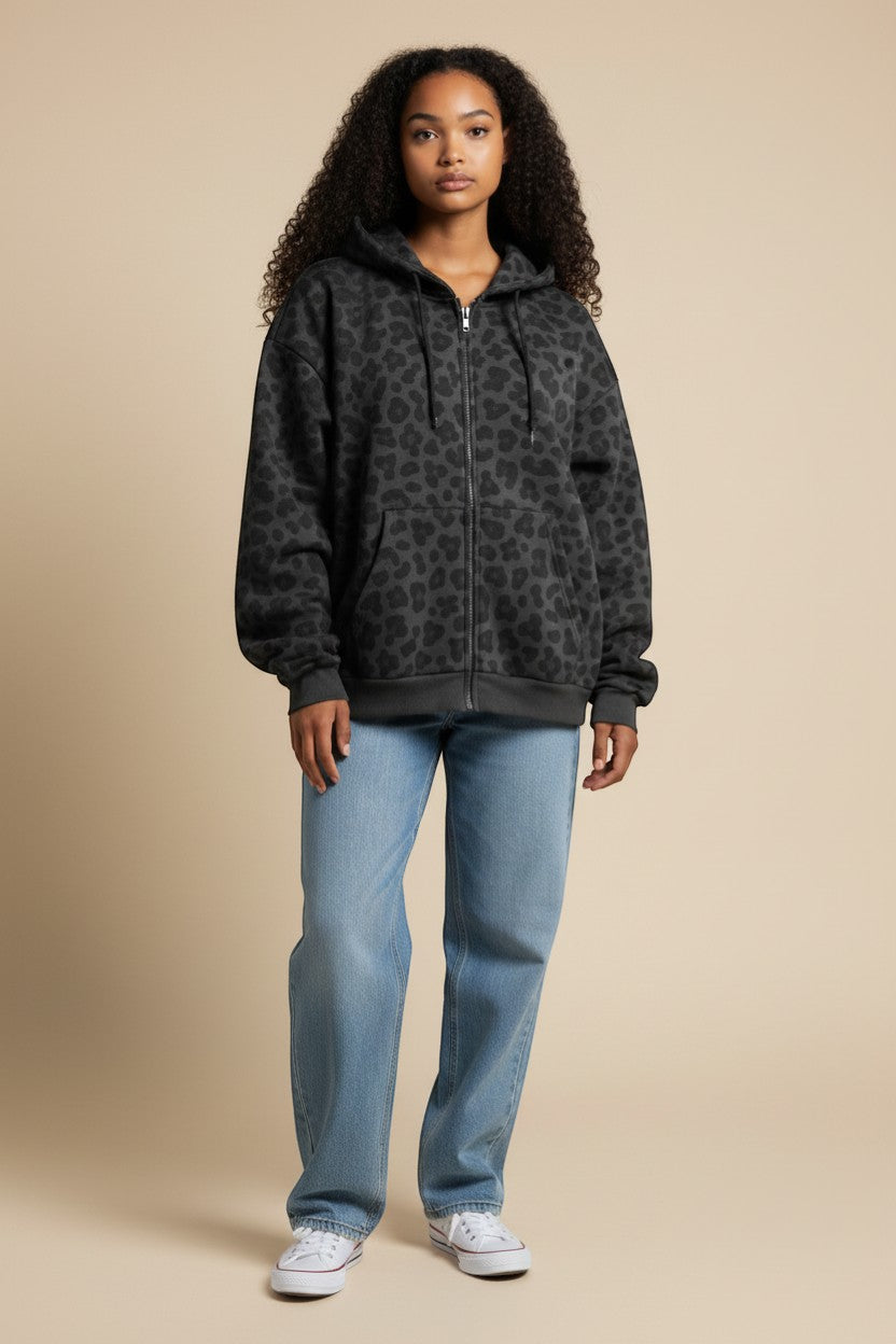 SWAGTOK black leopard print zip-up hoodie made of polyester with a loose fit and street hipster style.