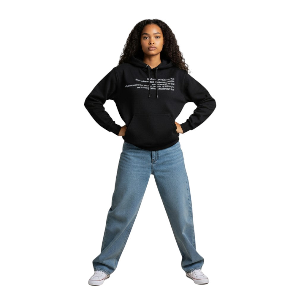 SWAGTOK black polyester hooded sweater with white text print and front pocket. Casual streetwear style.