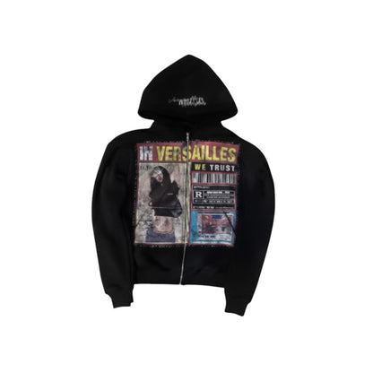 SWAGTOK black polyester zip-up hoodie with a 3D "newspaper" graphic featuring text and barcode elements. Street fashion style.