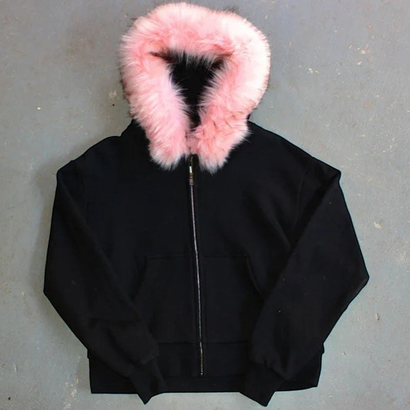 SWAGTOK black fleece hooded sweatshirt with pink faux fur trim and zipper closure.
