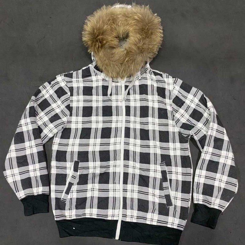 SWAGTOK black and white plaid fleece hooded sweatshirt with zipper and fur-lined hood.