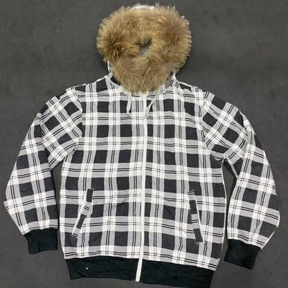 SWAGTOK black and white plaid fleece hooded sweatshirt with zipper and fur-lined hood.