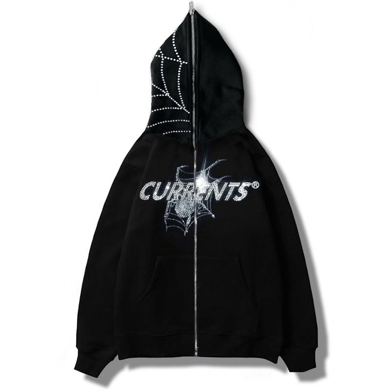 SWAGTOK black polyester zip-up hoodie with rhinestone spider web graphic and "CURRENTS" text.