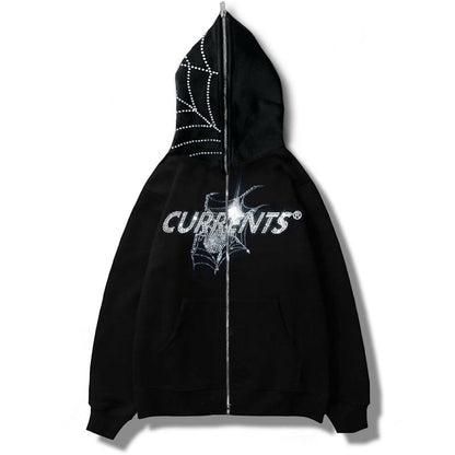 SWAGTOK black polyester zip-up hoodie with rhinestone spider web graphic and "CURRENTS" text.