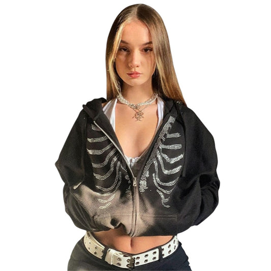 SWAGTOK black zip-up cardigan with rhinestone skeleton graphic, V-neck, long sleeves, and slim fit.